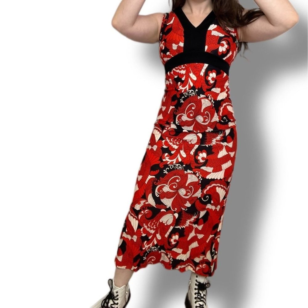 1960s Vintage Mod Long Dress Red, Black, and White Sleeveless Midi Dress - Picture 2 of 12
